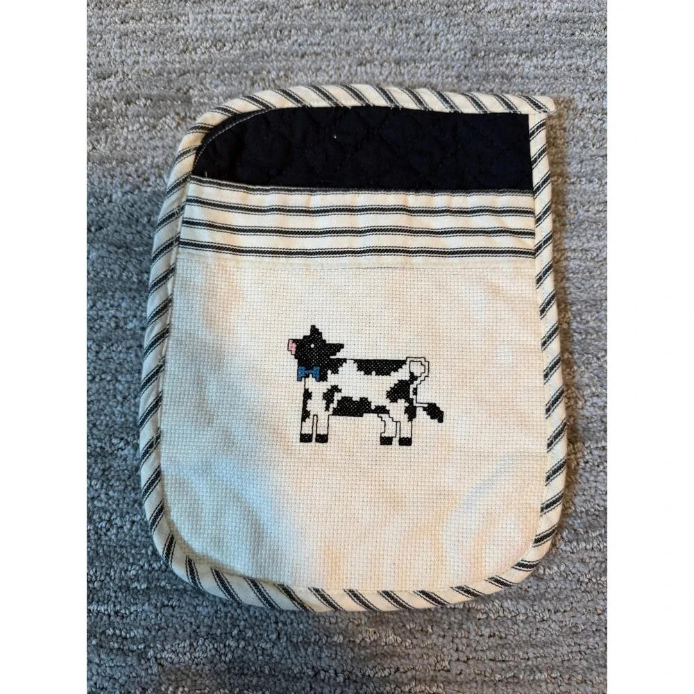 Handmade Cross Stitch Cow Quilted Pot Holder Cream Black Striped Farmhouse Decor